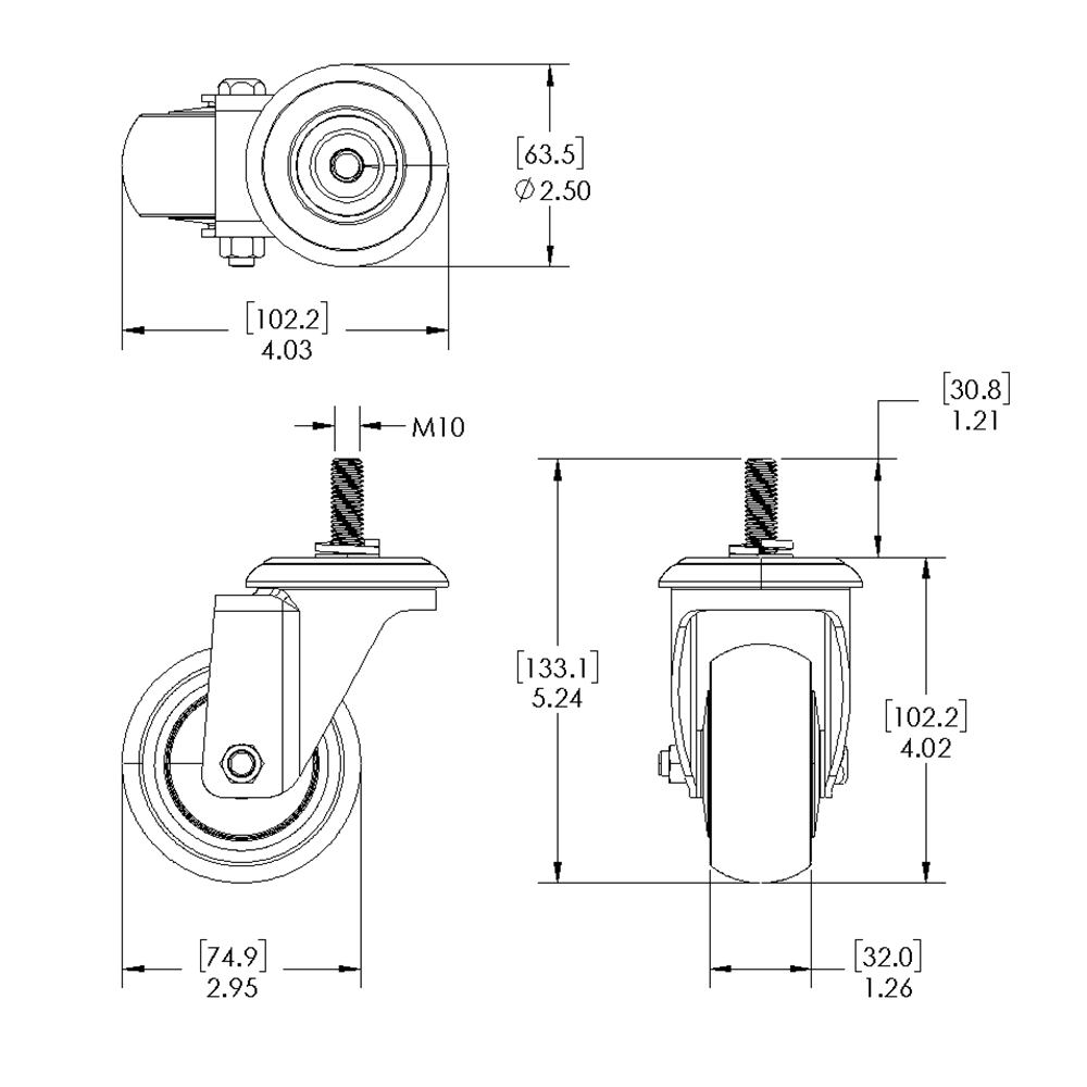 31-SM10D3-5 MODULAR SOLUTIONS ALUMINUM CASTER<br>3" SWIVEL, M10 STEM